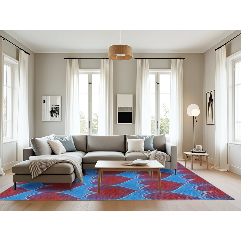 Tapis bleu/rouge à motifs, Rectangle 8 pi x 12 pi