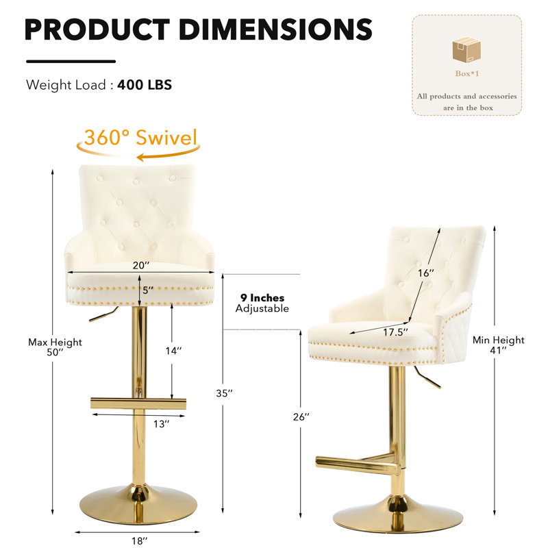 Jakhai Swivel Adjustable Height  Bar Stool with Metal Frame, Gold, Beige