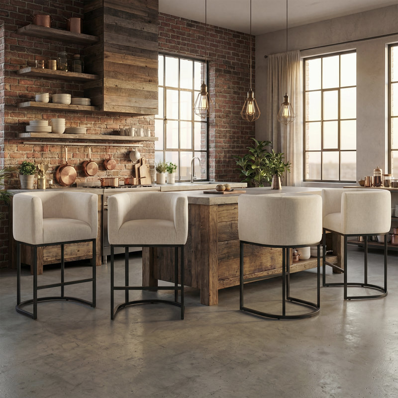 Modern Barrel Counter Stools with Backrest and Arms, Linen Fabric Upholstered Accent Barstools for Kitchen Island,Support 450 LBS