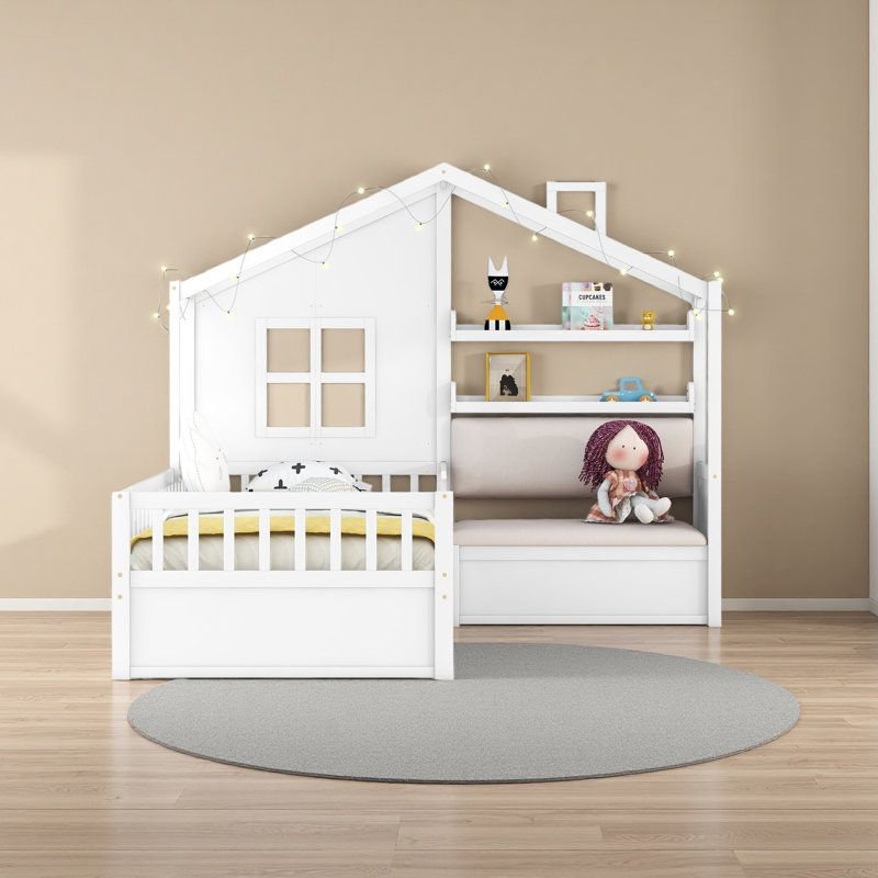 Twin Size House Bed With Sofa, Kids Platform Bed With Two Drawers And Storage Shelf, White