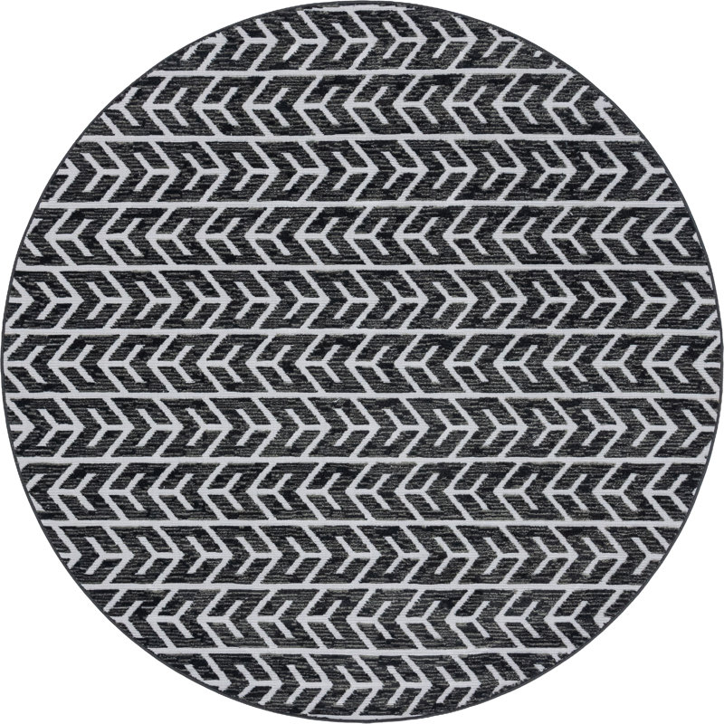 Striped Black Indoor/Outdoor Area Rug, Round 8'