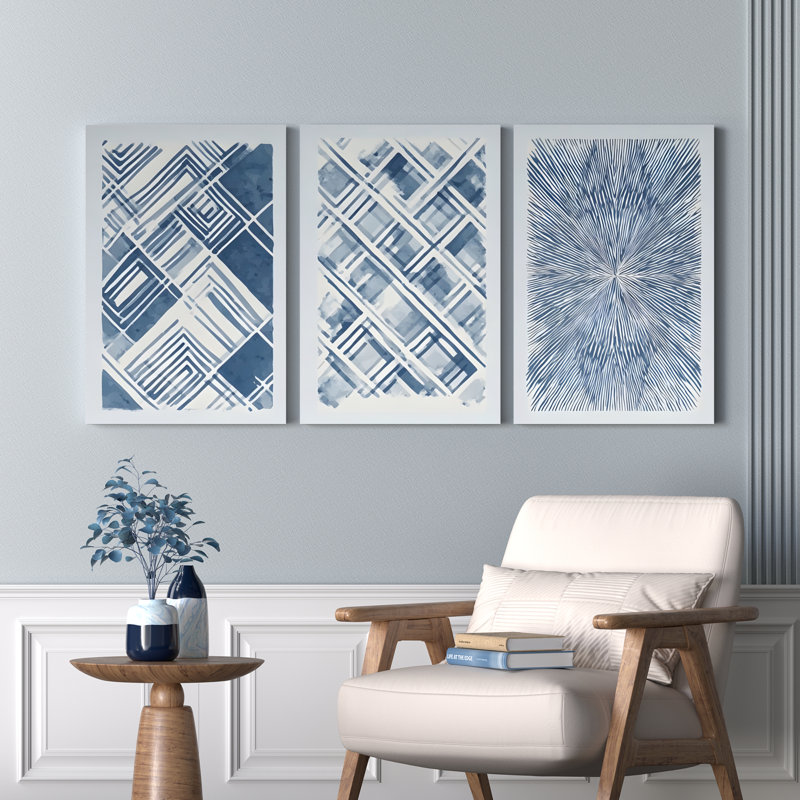 Motif géométrique abstrait bleu, impression sur toile, ensemble de 3, H 24 po x l 48 po