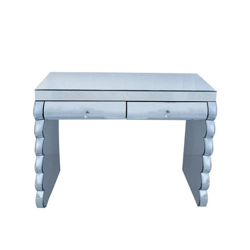Vanity Table with Mirror, 2-Drawer Baked Curved Console Table in Silver for Bedroom