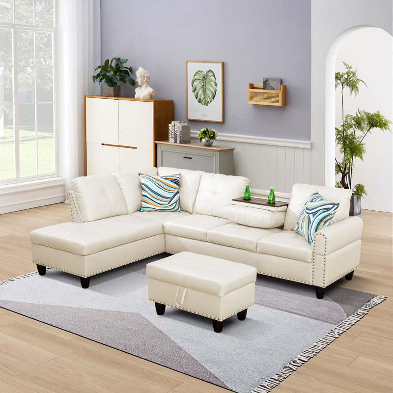 White Faux Leather 2-Piece L-Shaped Sectional Sofa with Chaise, Left Hand Facing, White Faux Leather