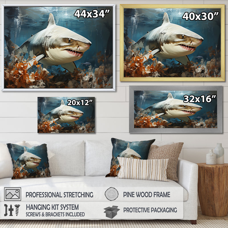 " Minimalism Shark Hunting ", 34" H x 44" W x 1.5" D, Gold Floater Framed