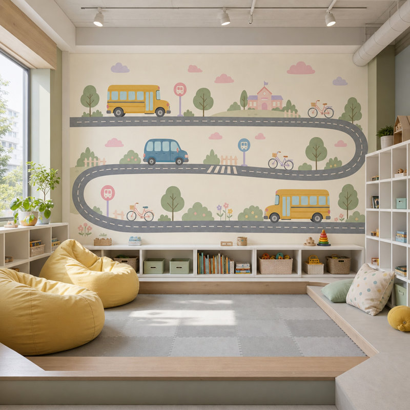 Papier peint de transport scolaire pour enfants, 160 po x 108 po, Non tissé