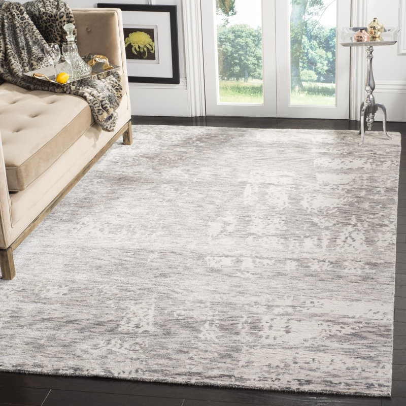 Tapis abstrait gris en soie / lin / coton noué à la main Burbage, Rectangle 9 pi x 12 pi