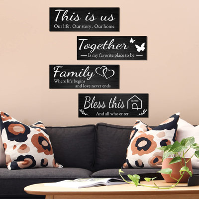 4 Pieces Home Wall Signs, This Is Us/together/bless This Home/family Wall Decor For Living Room Bedroom, Rustic Wooden Farmhouse Wall Art , 4.7 X 13.8 Inch
