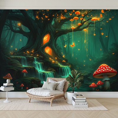 Peel and Stick Wallpaper 96" W x 69" H Modern Self Adhesive Wall Mural for Bedroom Forest Magical Tree Glowing Mushrooms