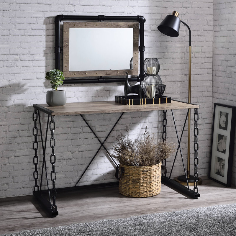 Élégante console rectangulaire en chêne rustique et détails noirs fonctionnels