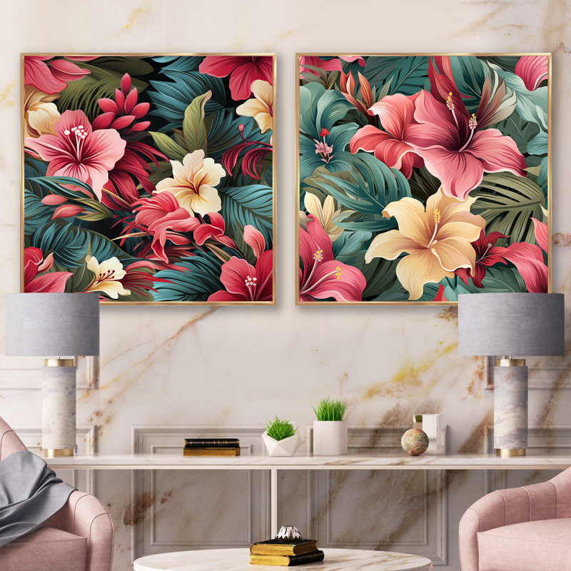 Topsfield - Ensemble de 2 collages carrés floraux, H 16 po x l 33 po, Cadre flottant doré
