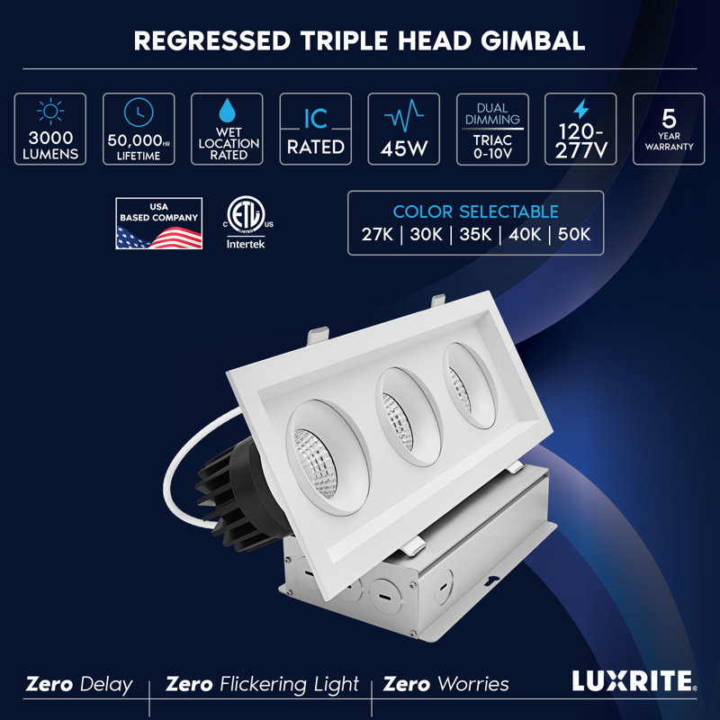 LUXRITE 3-Head Rectangle Regressed Gimbal LED Recessed Spotlight, 360° + 15° Swivel, 5CCT, CRI90, 45W, 3000LM, 60° Beam, Dual Dimmable IC & Wet 4 Pack