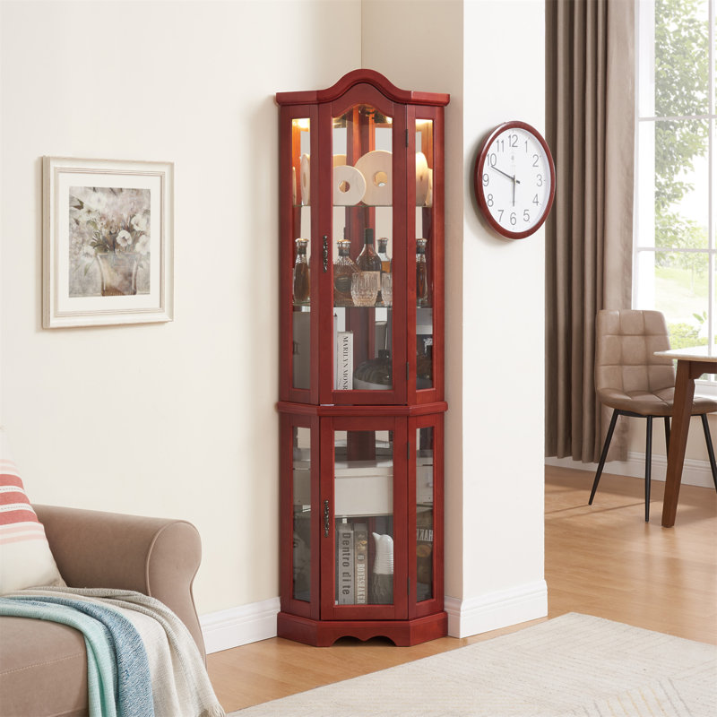 Lighted Glass Display Curio Cabinet With Tempered Glass Doors, Adjustable Shelves, And Elegant Crown Corner Design For Living Room And Bedroom