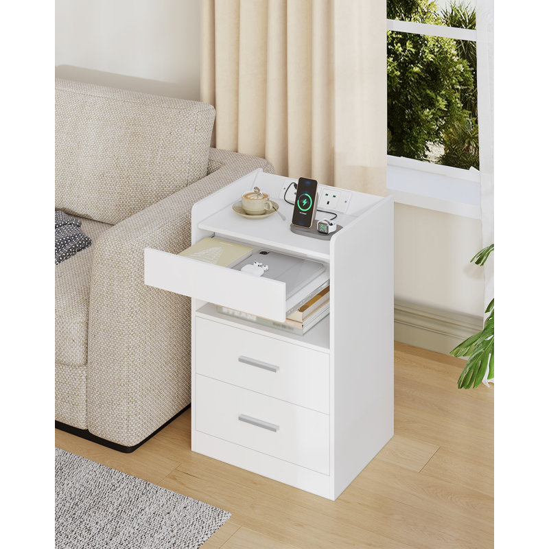 Bedside Tables Set of 2 with Power Strip, Bedside Cabinet with Pull-Out Tray & 2 Drawers, Side Table with LED, Open Compartment, Nightstand for Living Room, Bedroom, Study