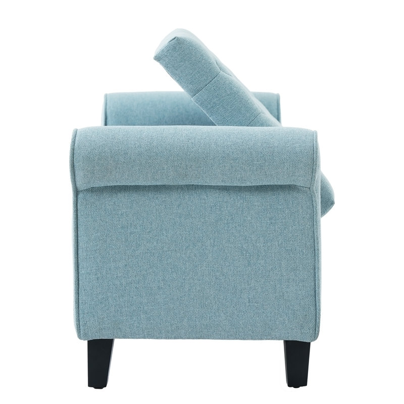Banc de rangement en tissu bleu pâle avec accoudoirs roulés