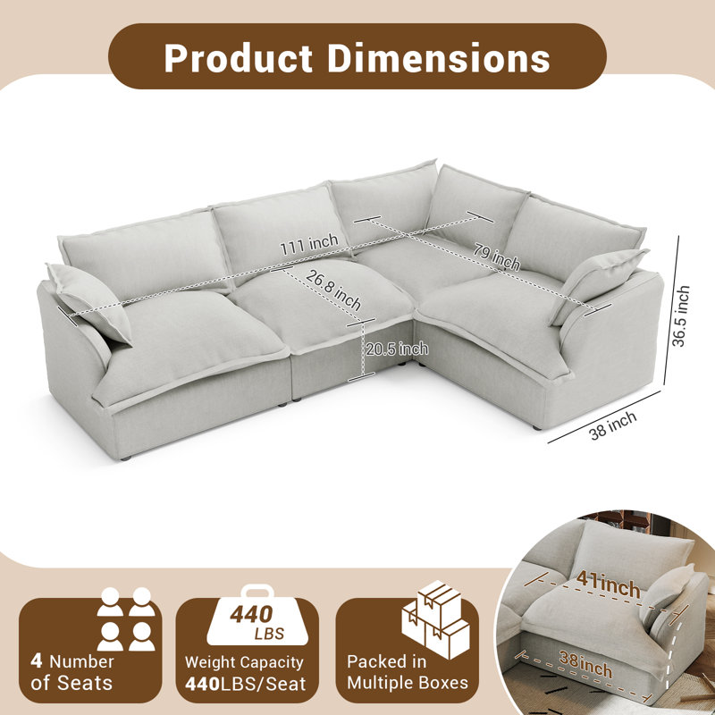 Canapé modulaire en lin mélangé Linen Blend, canapé convertible rembourré Cloud, Mélange de lin gris