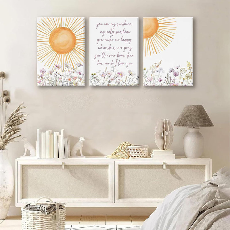 3Pcs Wildflower Nursery Canvas Wall Art Pieces You Are My Sunshine Quote Posters Prints Boho Sun Paintings For Neutral Nursery Room Decor Frame