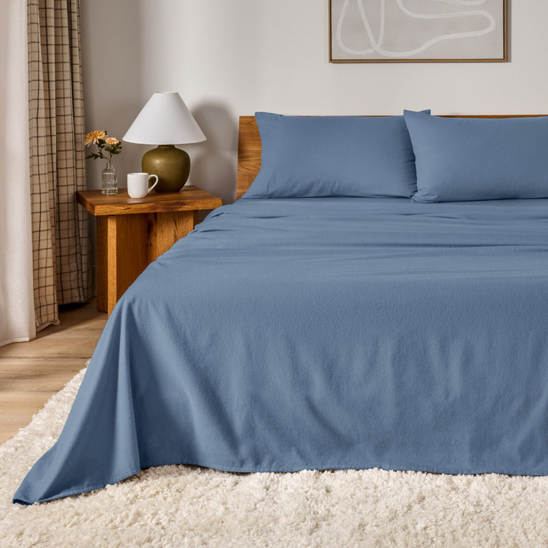 100% Cotton Flannel Sheet Set, Coronet Blue, King Sheet Set with 2 Pillowcases