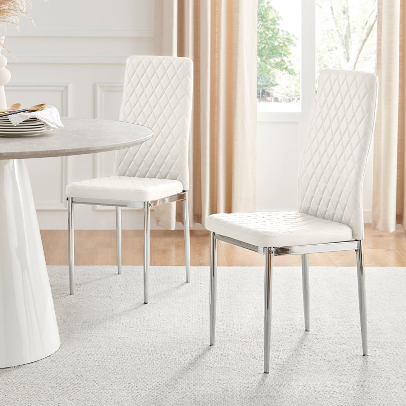 Eubanks Faux Leather Upholstered Metal Leg Dining Chair (Set of 4), White, Chrome