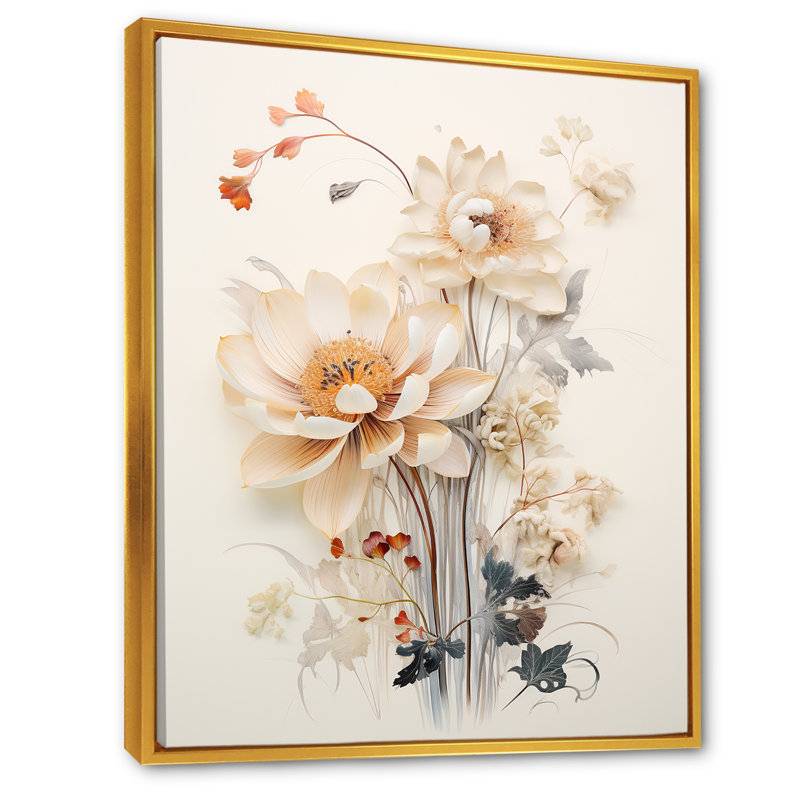 Fleurs beiges en pleine floraison V, Cadre flottant doré, H 32 po x l 24 po x P 1 po