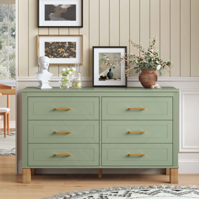Commode double à 6 tiroirs, armoire de rangement moderne avec poignées en métal et pieds en bois massif, organisateur de tiroir pour chambre d'enfant, commode en bois robuste avec préinstallé
