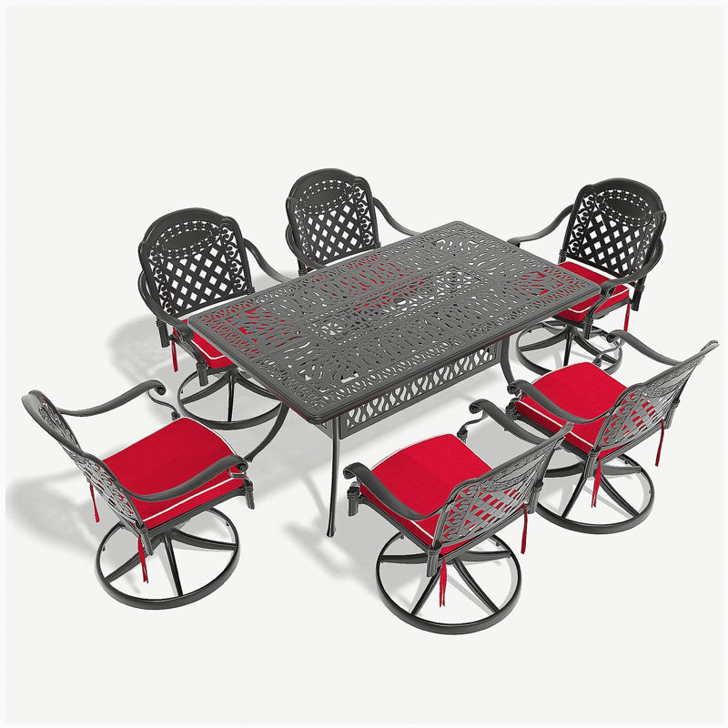 7-Piece All-Weather Cast Aluminum Dining Set, Include 6 Swivel Chairs and Rectangular Table With Black Frame (same sku:W1710S00316)