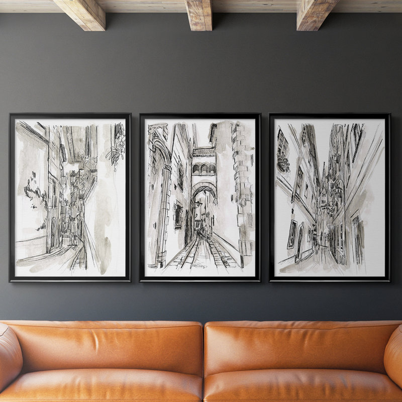 Europe Street Sketches I - Toile tendue avec châssis sur mesure - 3 pièces, Noir, noir, noir, noir, H 30 po x l 63 po
