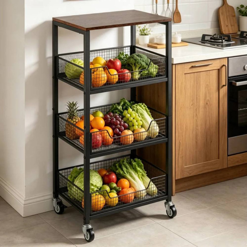 4-Tier Storage Cart with Wheels (Black; Brown)