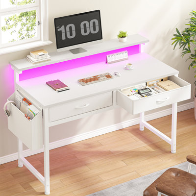 Small Computer Desk With 2 Drawers & LED Lights,Home Office Desks With Side Pocket And Monitor Stand