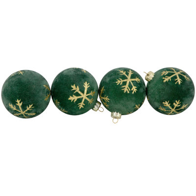 Green Flocked Glass Ball Christmas Ornaments with Gold Snowflake