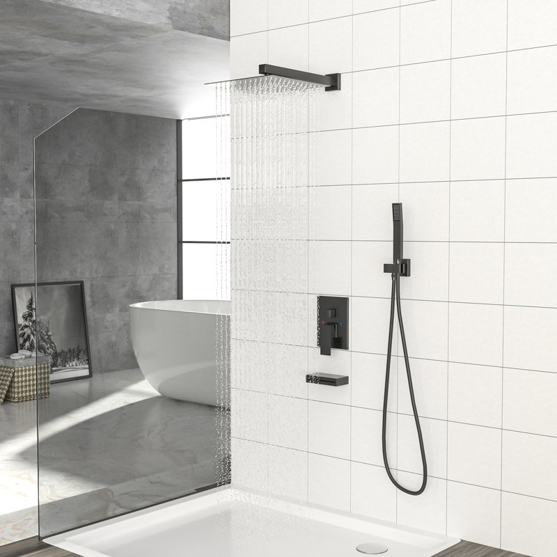 Shower System With Waterfall Tub Spout In Matte Black & 12 Inch Wall Mounted Square Rain For Calm Experience Head And Relaxing Moments