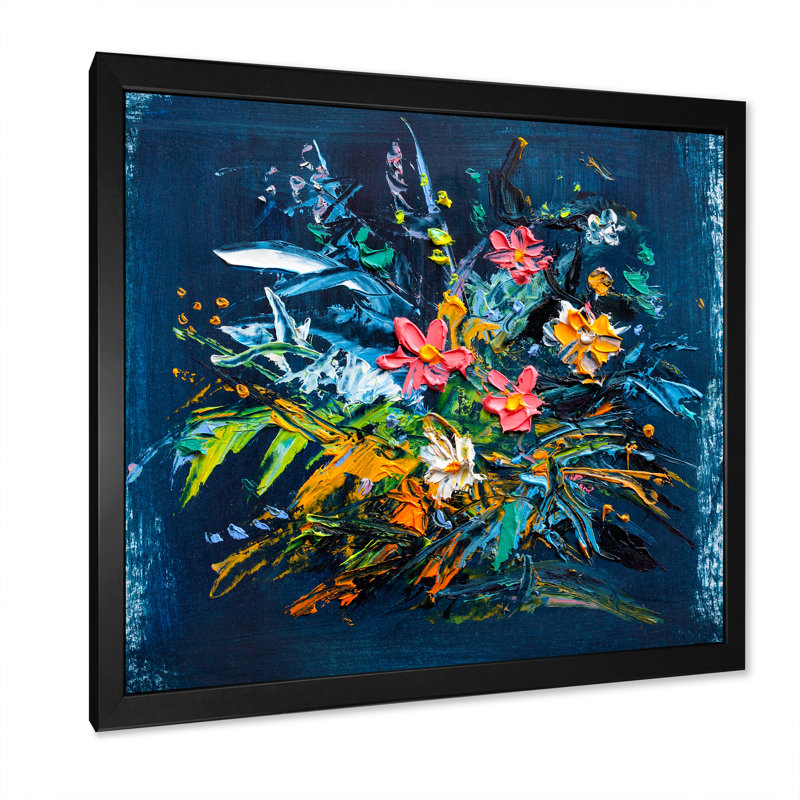Bleu impressionniste et fleur verte - Peinture, Cadre photo noir, H 30 po x l 30 po x P 1 po
