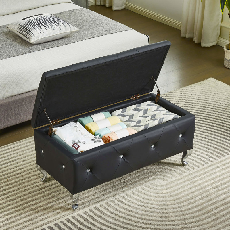 Repose-pieds spacieux avec rangement en similicuir et garniture en cristal noir