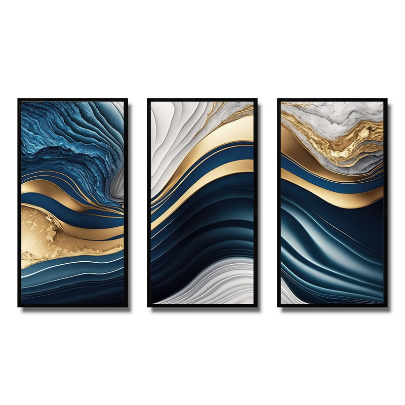 «Abstract Geode Waves Blue I», reproduction sur toile 3 pièces, Cadre flottant noir, H 28 po x l 36 po x P 1 po
