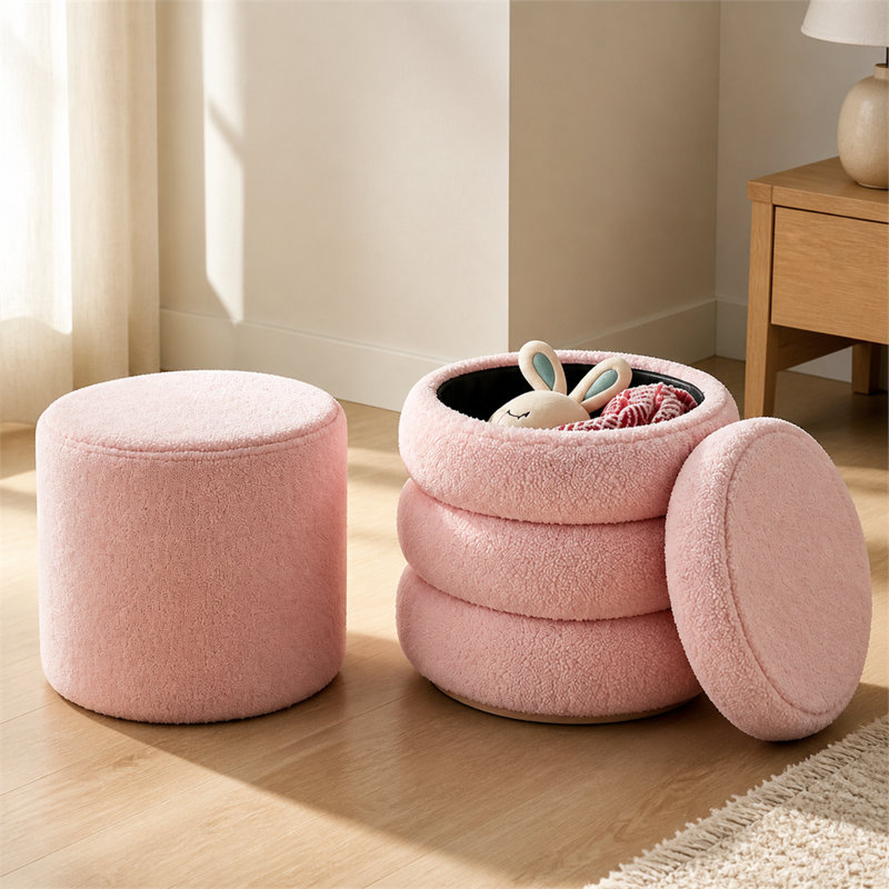 Ensemble de deux poufs de rangement ronds en peluche rose, avec couvercle amovible, convenant à de multiples usages, notamment la chambre à coucher, le salon et la coiffeuse.