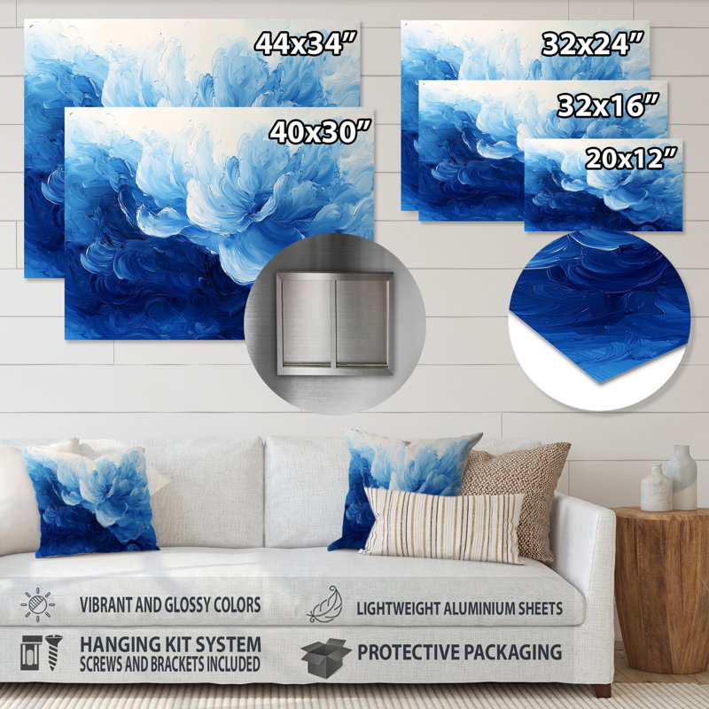 Motif de pétales de fleurs délicats bleu et blanc - fleurs abstraites, impression sur métal, H 30 po x l 40 po