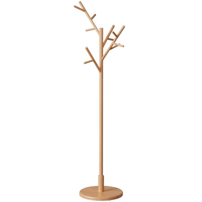 Solid Wood Coat Rack Tree Shaped with 12 Hooks 3 Adjustable Heights Tool Free Assembly