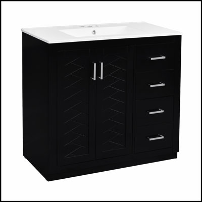 Meuble-lavabo en bois massif de 36 pouces avec lavabo en céramique, rangement spacieux et portes à fermeture en douceur pour salles de bain modernes