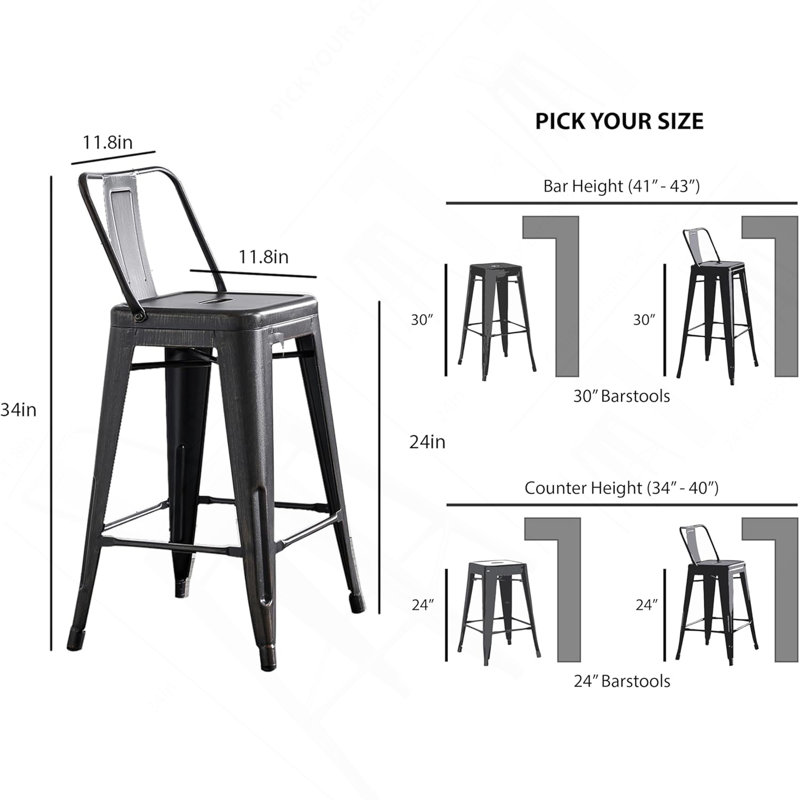 Tabourets de bar modernes, modernes, légers, industriels, rustiques, rétro, côtières, avec dossier et 4 pieds, Noir