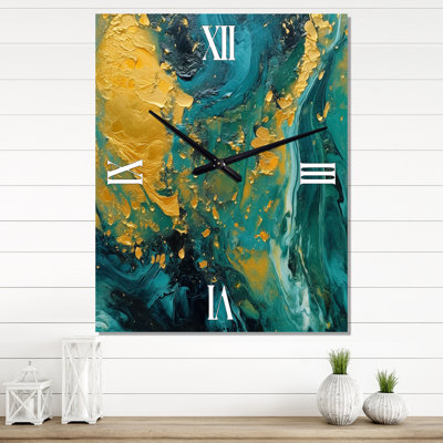 Coucher de soleil doré sur fond bleu sarcelle abstrait, peinture abstraite, horloge murale moderne