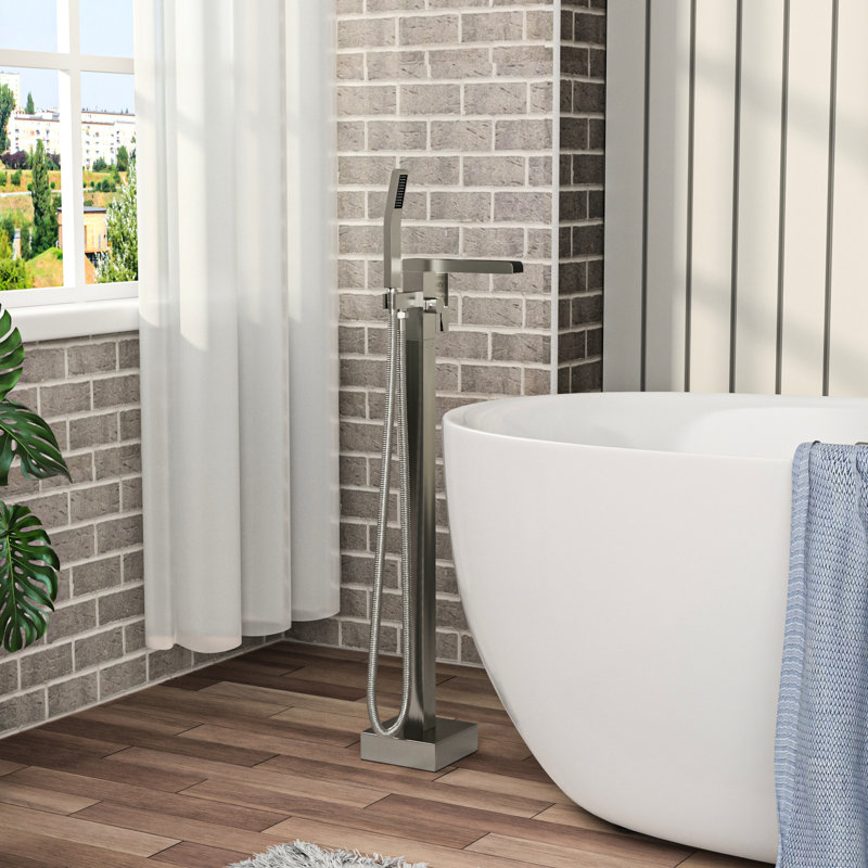 Freestanding Waterfall Bathroom Faucet, 360 Swivel Spout And Hand Shower, Dual Temperature, Brushed Nickel Brass Faucet With Tub Detachable Handheld, Rotatable, Temperature Control,