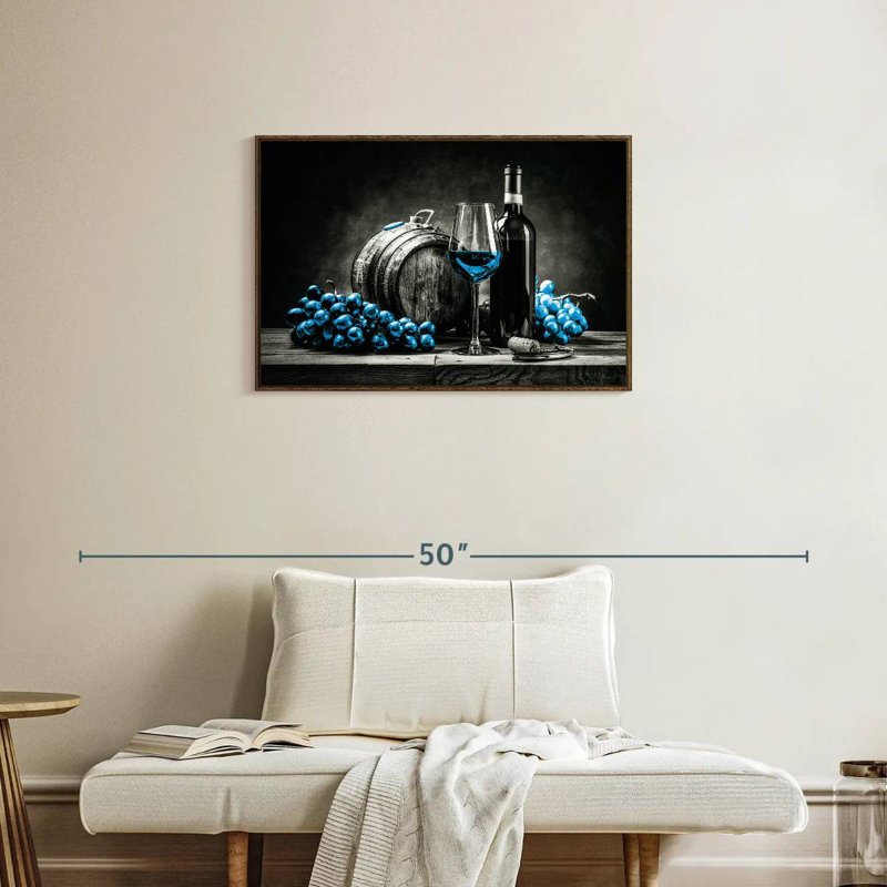 Vin et raisins - bleu éclatant, Cadre flottant noyer, 31 po x 21 po