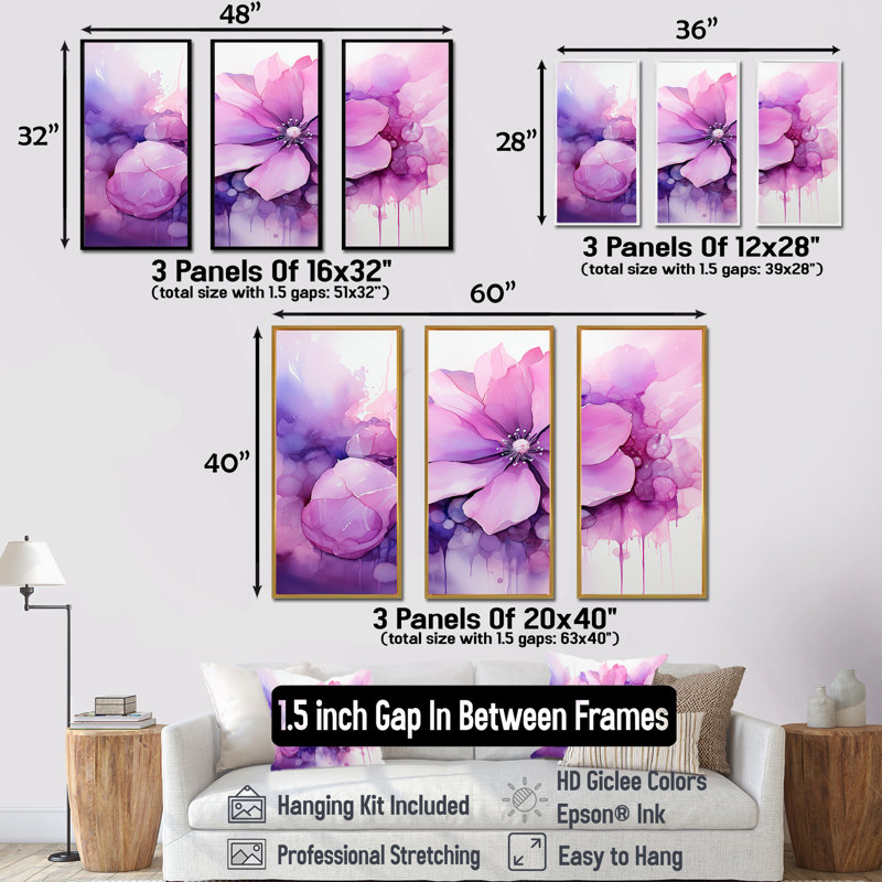 Encre botanique florale rose et mauve - art mural botanique, Cadre flottant doré, H 40 po x l 61 po x P 1 po