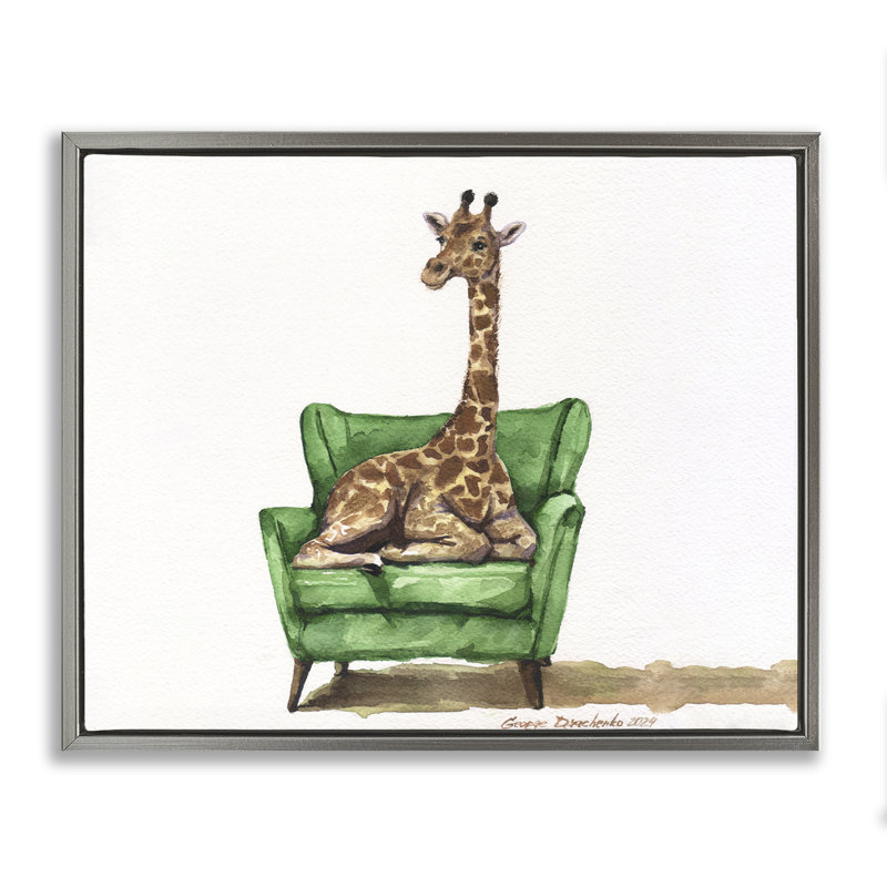 Mignonne girafe sur chaise flottante verte, design par George Dyachenko, H 25 po x l 31 po, Cadre flottant gris lustré
