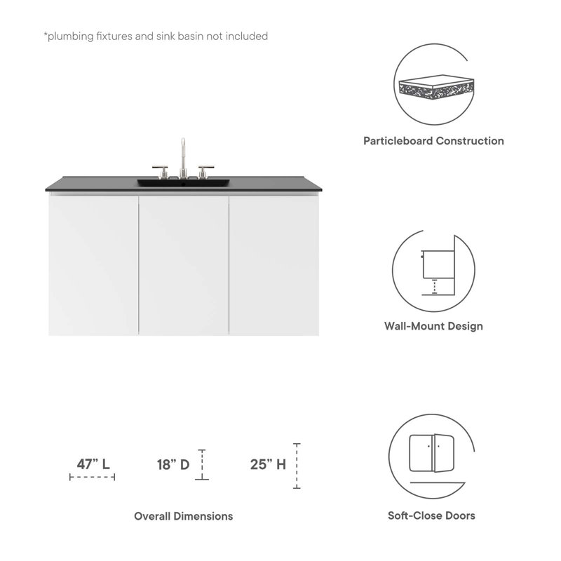 Base de meuble-lavabo double mural 48 po seulement, Blanc, Blanc