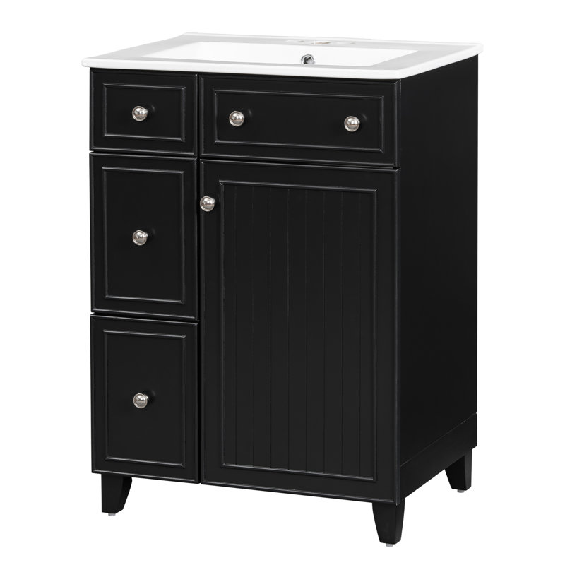Meuble-lavabo 24 po avec comptoir en céramique, meuble-lavabo avec 2 tiroirs et 1 porte, Noir, Argent
