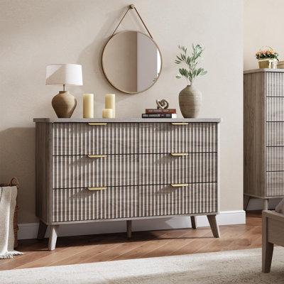 Fluted 6 Drawer Dresser, Curved Profile Design 47.2" Wide Wooden Chest & TV Stand for Bedroom Living Room