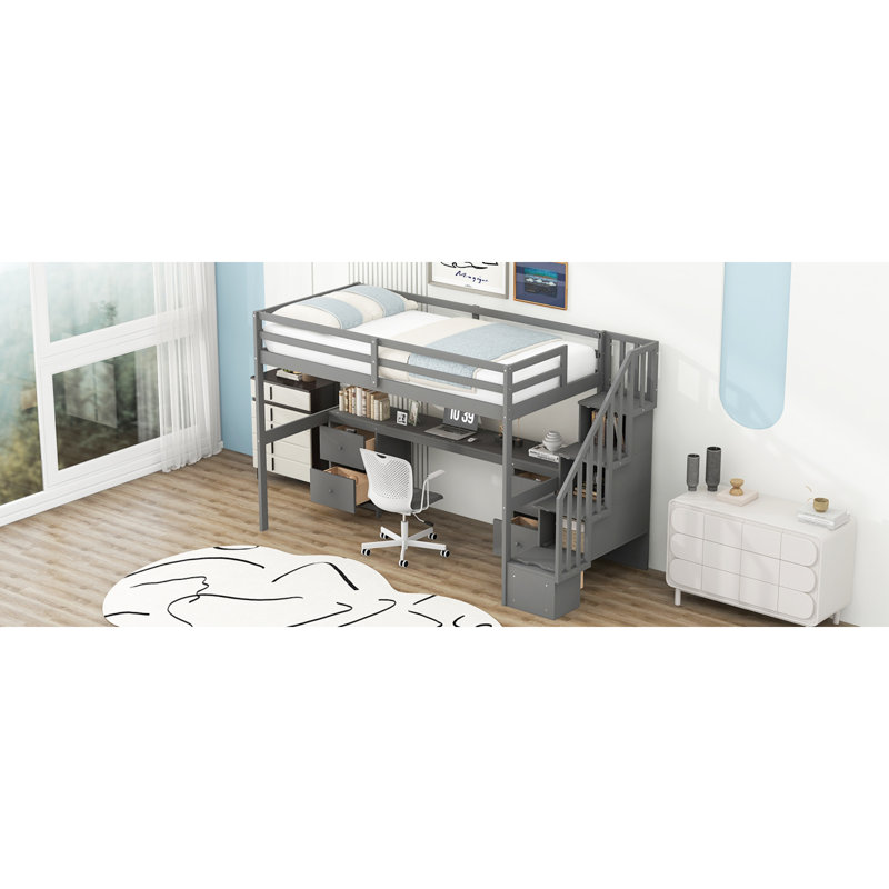 Lit mezzanine gris élégant avec espace de travail et de jeu