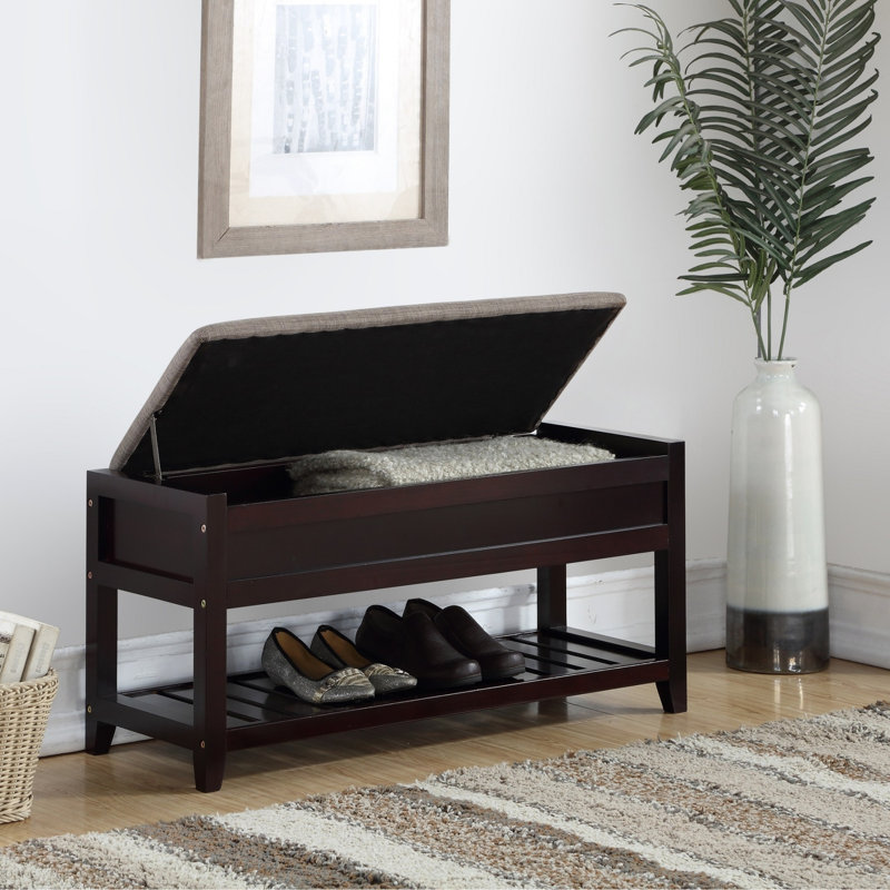 Rouen Fabric Upholstered Seating Bench With Shoe Storage And Lift-Up Seat, For Entryways And Living Rooms, Espresso