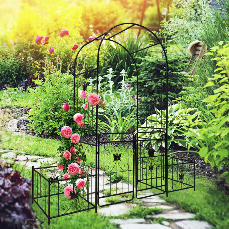 Arche de jardin, arche de jardin en métal avec barrière 79,5 "de large x 86,6 po de hauteur pour plantes grimpantes, Noir